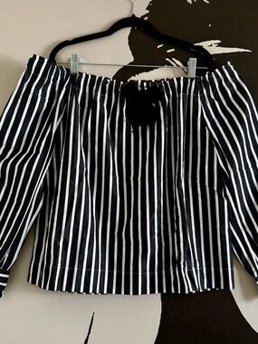 Striped Black and White Off-Shoulder Blouse with Bow